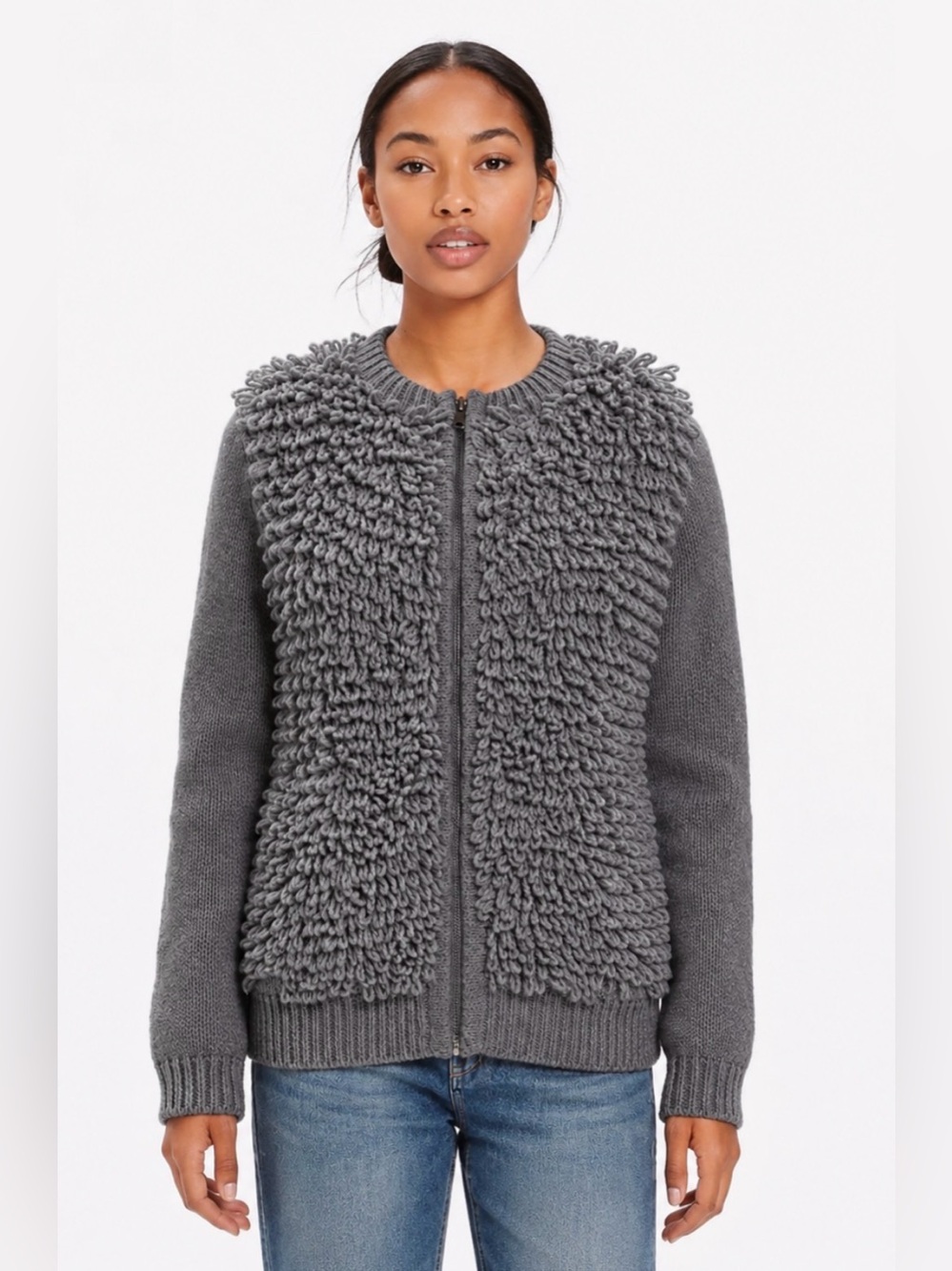 Madewell Alpaca Merino Wool Zip Up Cardigan Sweater Gray Fringe Loop XS Coastal